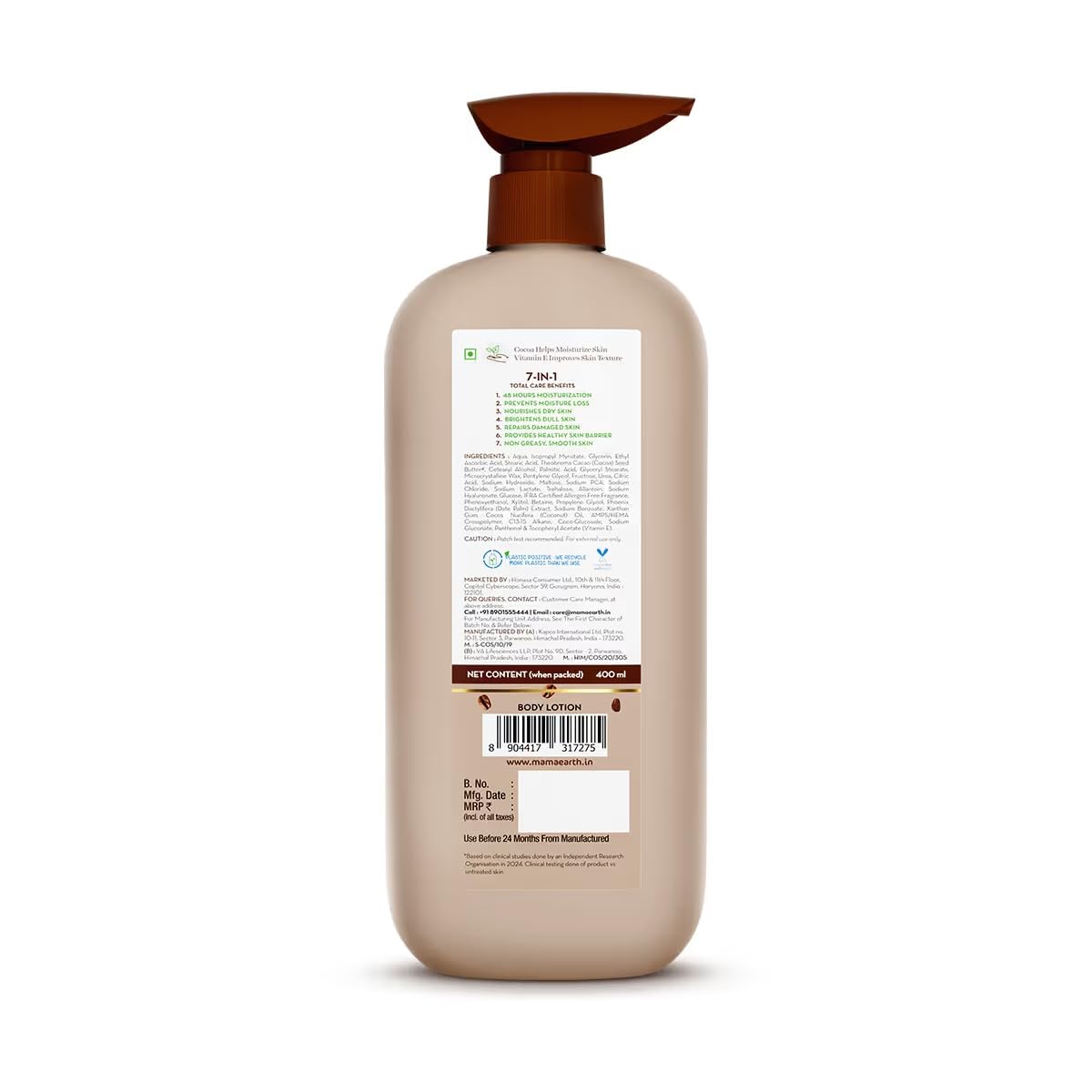 Mamaearth Cocoa Rich Moisturizing Body Lotion with Cocoa Butter & VitaminE for Deep 48H Moisturization 400ml For Very Dry Skin | 7in1 Total Care Benefits | 100% Natural Butter | Non-Greasy Smooth Skin