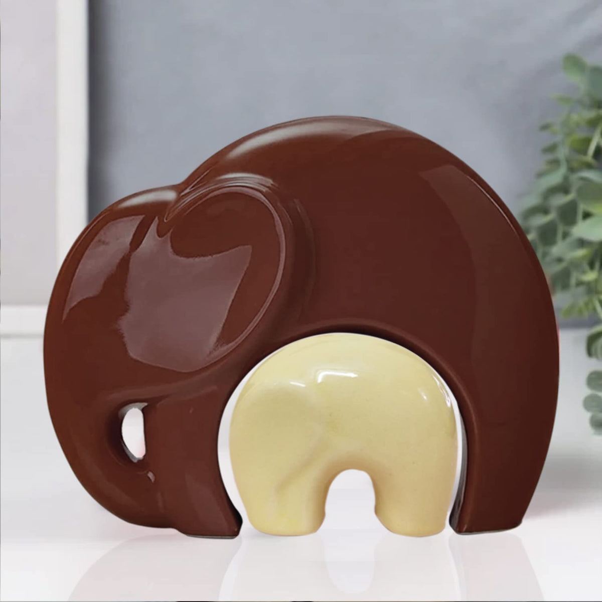 Home Décor Lucky Charm Elephant Mother & Child | Piano Finish Ceramic Figures - (Set of 2 Piece, Brown and Cream)