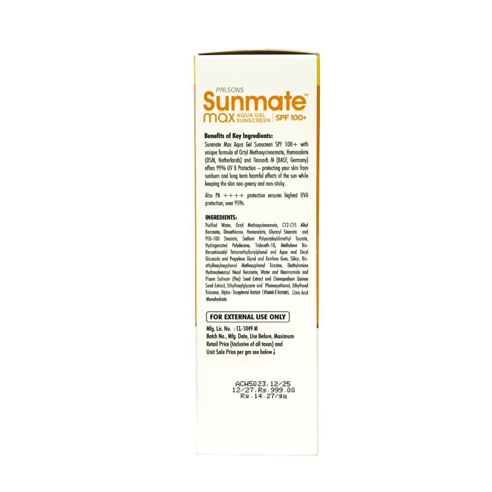 Sunmate Max Aqua Gel Sunscreen With SPF 100+ And PA++++ | For all Skin Types I Oil Free, Non-Greasy, No Sweat, No White Cast, Non Comedogenic Prevents Suntan, Sunburn And Pigmentation | 70 GM