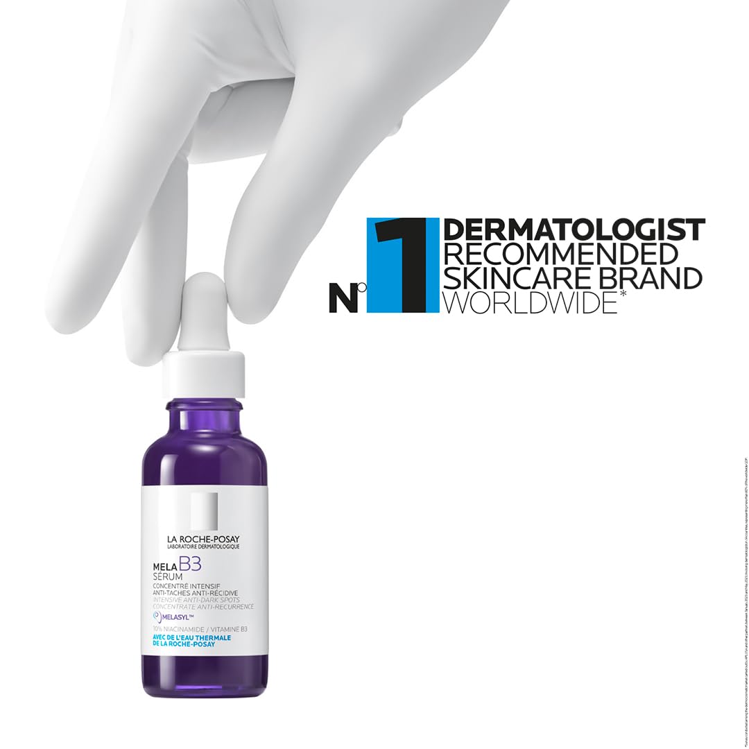 Purple skincare bottle with dropper held by a gloved hand, branded as a dermatologist recommended skincare brand.