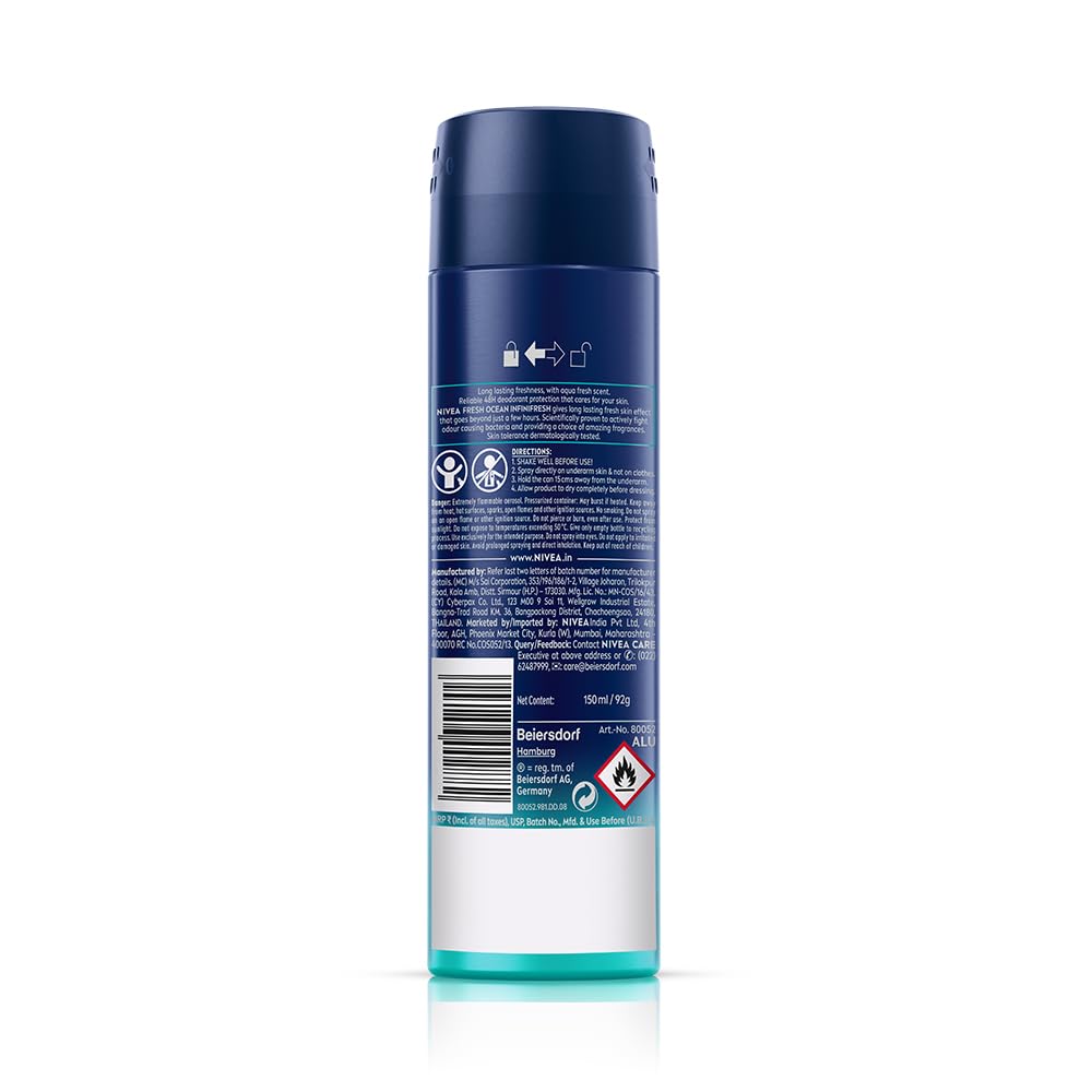 NIVEA Men Fresh Ocean Deodorant Spray, 150ml | 48 H Active Odour Protection | Fresh Long Lasting Deo for men | Fights Odour causing bacteria | Aqua and Sandalwood | 150ml