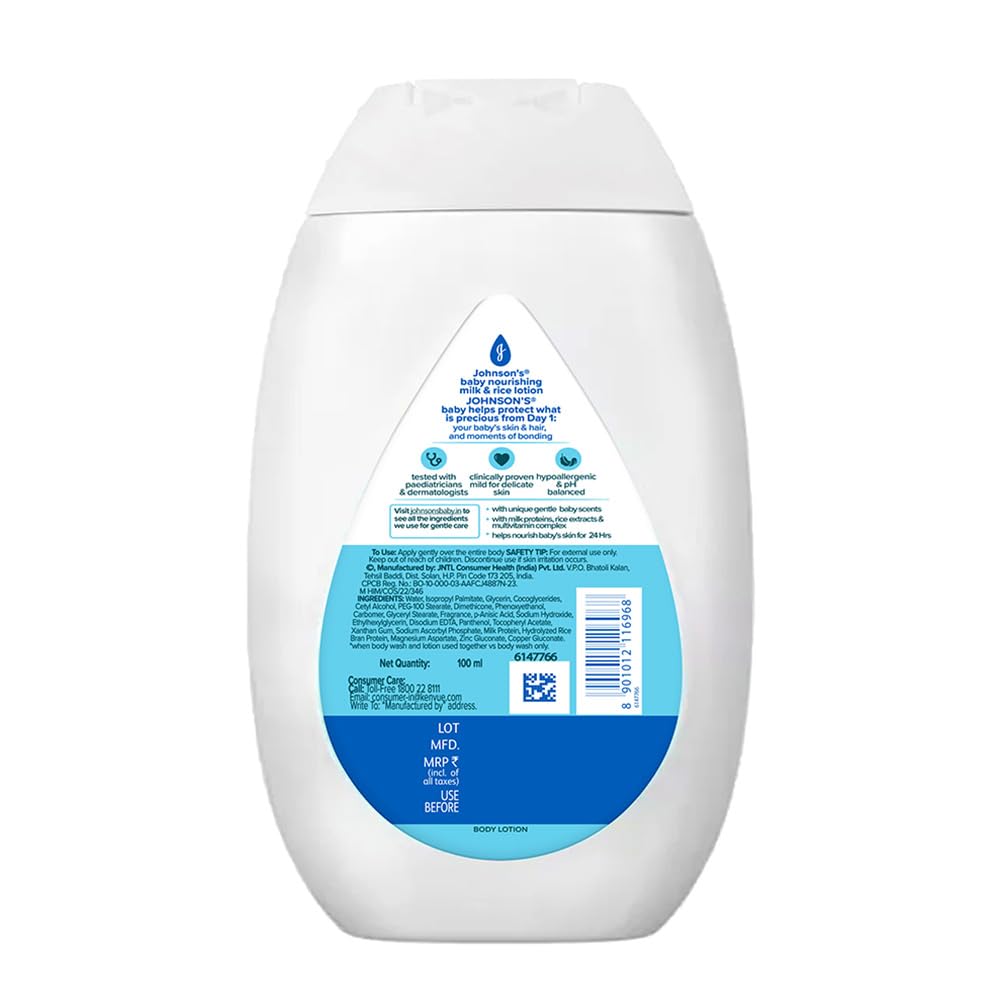 Johnson's Baby Milk and Rice Lotion, 100ml, White