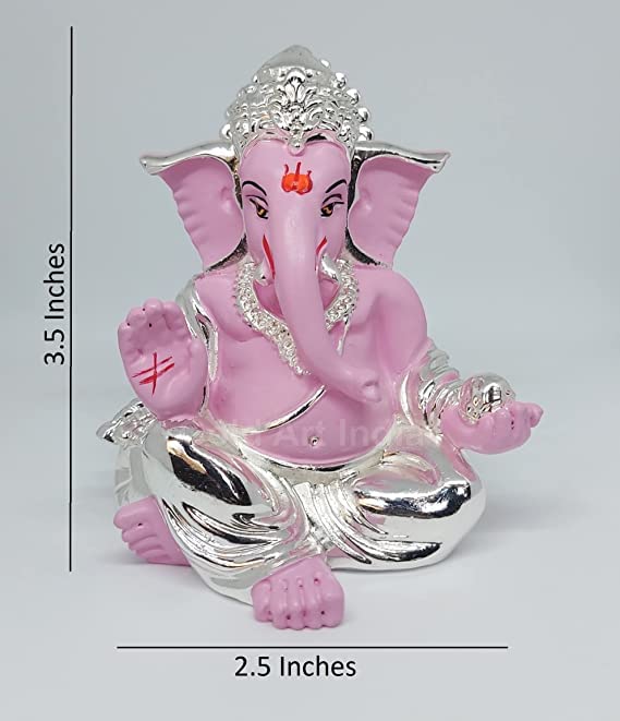 Gold Art India Silver Pink Plated Gaddi Ganesha for Car Dashboard Ganesha Murti Ganpati Idol for Home Decor Puja Lord Ganesh Statue Gift for Office Desk Puja Room Figurine