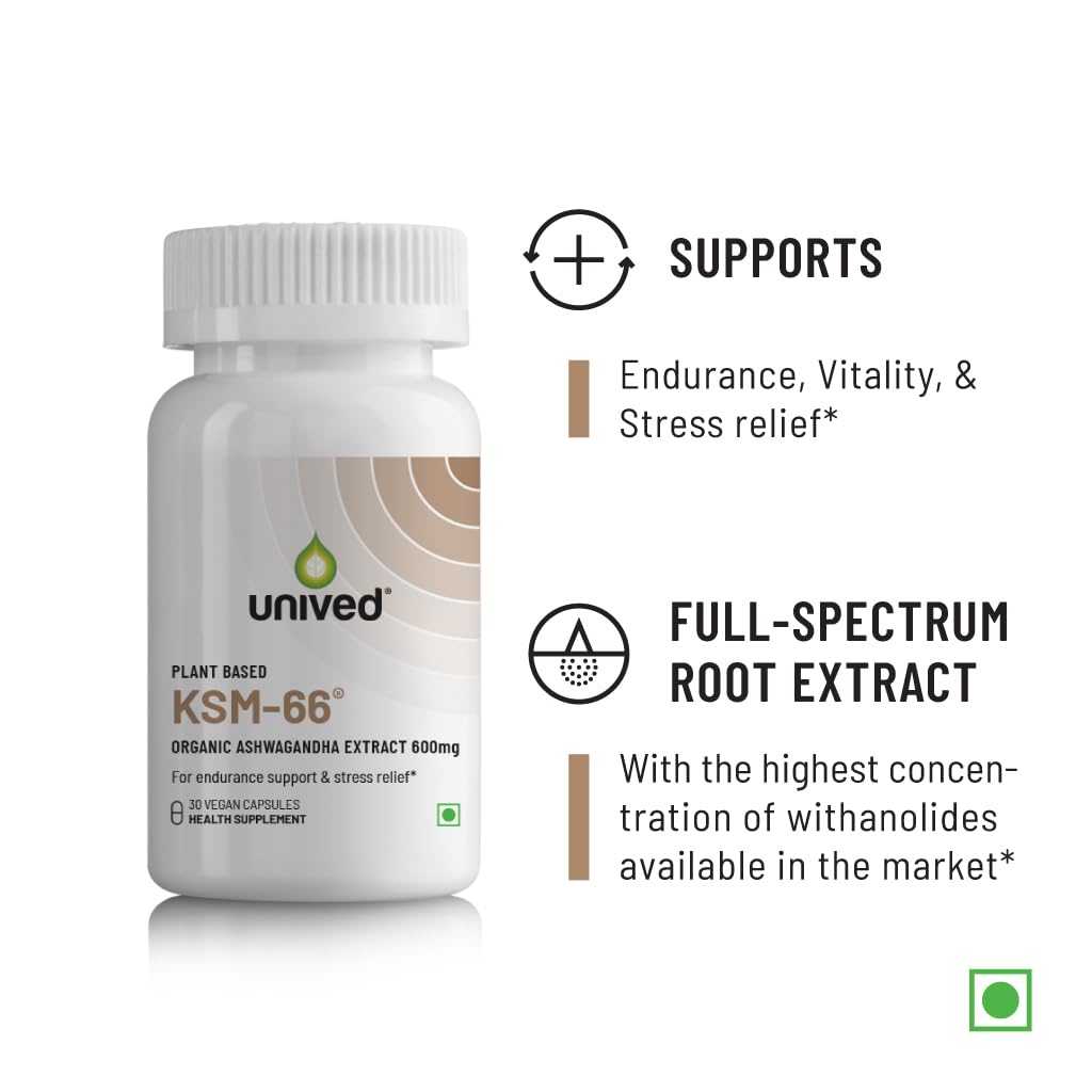 Zephivo Unived KSM-66 Ashwagandha | 600mg Vegan Full Spectrum Root Extract Standardized to 5% Withanolides | for Stress, Anxiety, Endurance, & Strength (30 Vegan Caps)