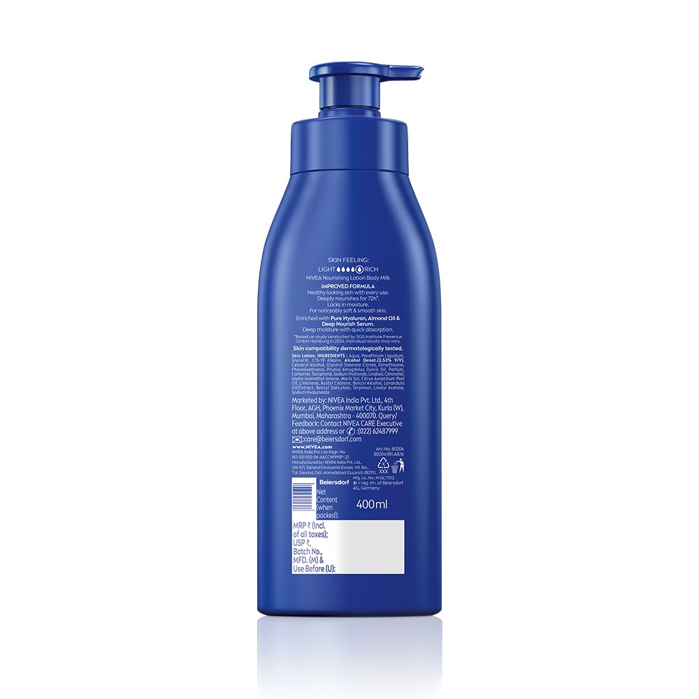 NIVEA Nourishing Body Milk 400ml Body Lotion with Hyaluronic Acid | 72Hr Hydration | Deep Moisture Care for Very Dry Skin | Enriched with Almond Oil | Smooth, Radiant & Healthy Looking Skin Care