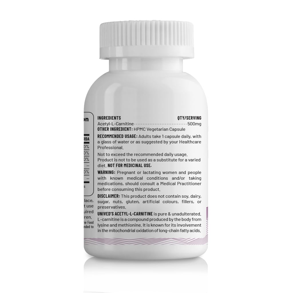 Zephivo Unived Acetyl L-Carnitine 500mg | Supercharges Brain Function, Fat Loss, & Reaction Time. | Single Ingredient, Flavorless & Caffeine Free | 60 Vegan Capsules
