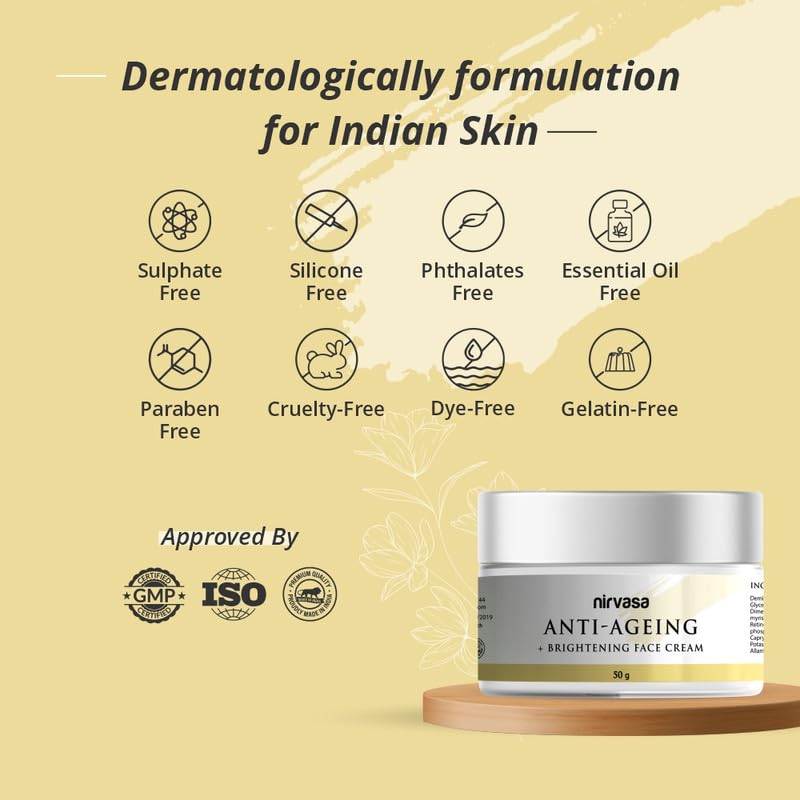 Nirvasa Anti-Ageing & Brightening Cream (50g) | With Niacinamide, Vitamins A & C & Peptides | Reduces Fine Lines & Wrinkles, Boosts Collagen & Skin Elasticity | For Men & Women