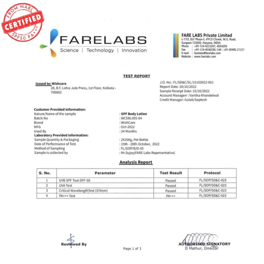 Test report from Farelabs with certification logo on a white background