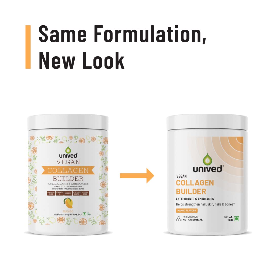 Zephivo Unived Vegan Collagen Builder,Research Based Formulation For Collagen Synthesis, Hydration, & Protection,For Men & Women, Skin, Hair, Bones, & Tissue, Strength & Health (Mango, 45 Servings) - Powder