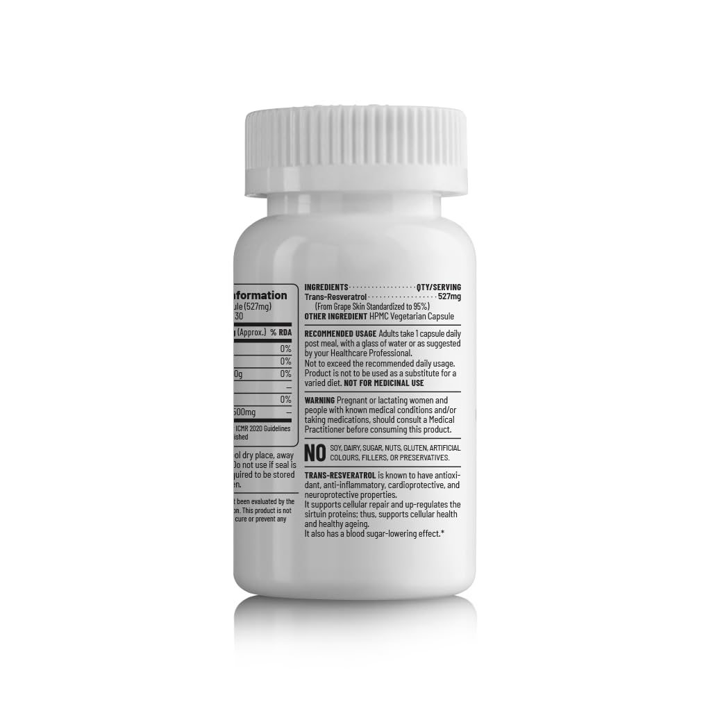 Zephivo Unived Trans-Resveratrol 500mg from Grape Skin Extract for Cellular Health & Healthy Ageing, Natural & Vegan, One Month Supply