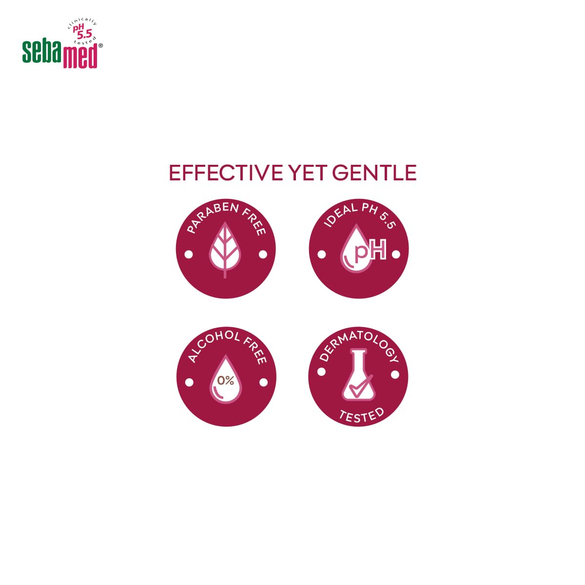 Sebamed product features on a white background