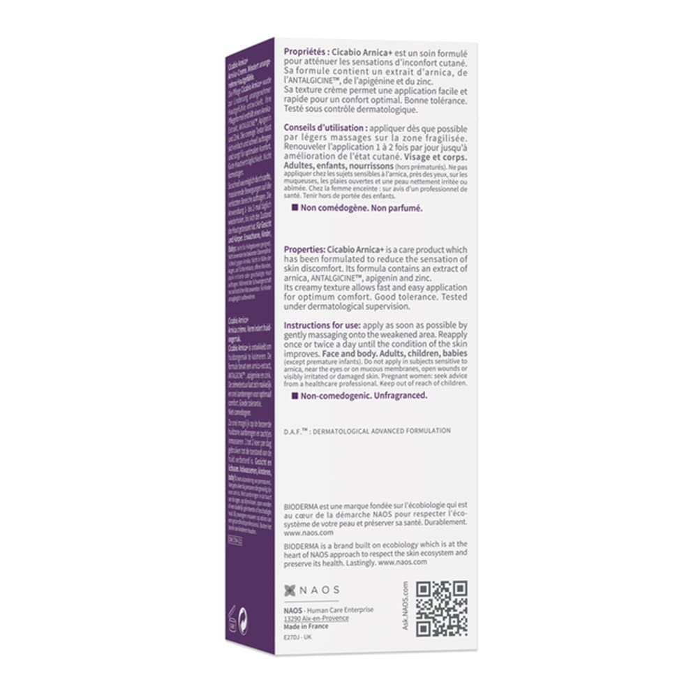 Product packaging with text and a QR code on a white background
