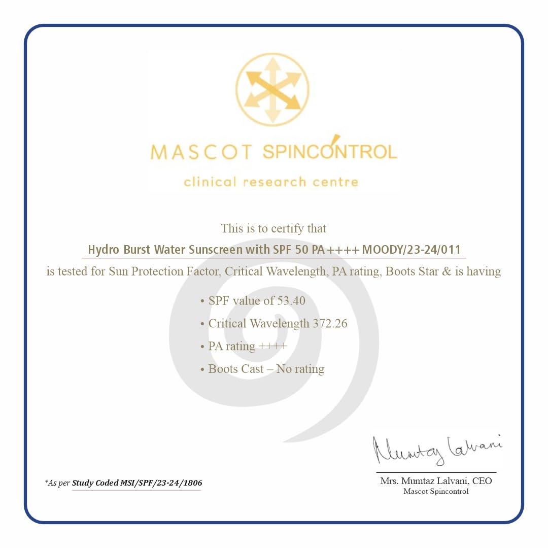 Certificate from Mascot Spincontrol Clinical Research Centre for Hydro Burst Water Sunscreen with SPF 50 PA++++