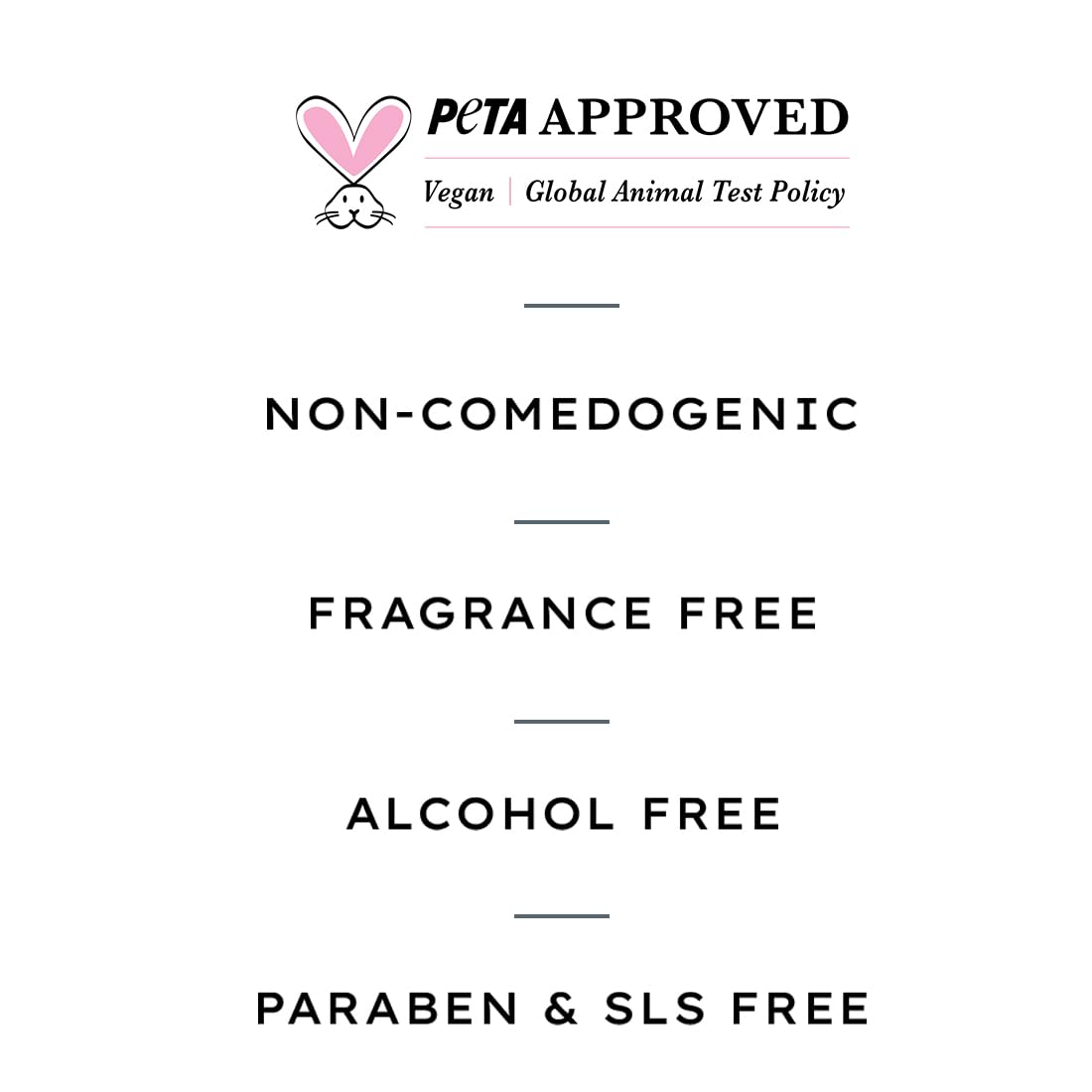 Product label with PETA approval and skincare benefits on a white background