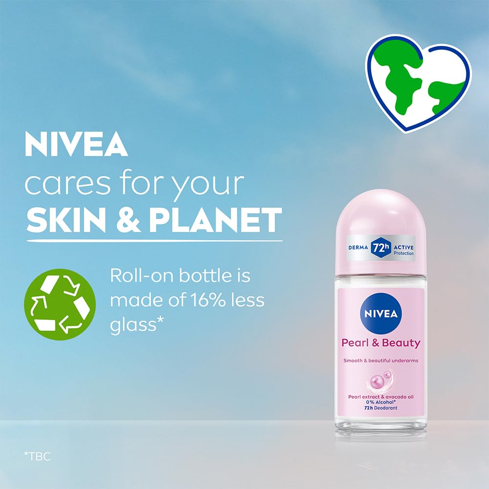 NIVEA Pearl and Beauty 50ml Deo Underarm Roll On | With Pearl Extracts & Avocado Oil | 72 H Long Lasting Floral Scent | 0% Alcohol and Dermat Approved | For Women