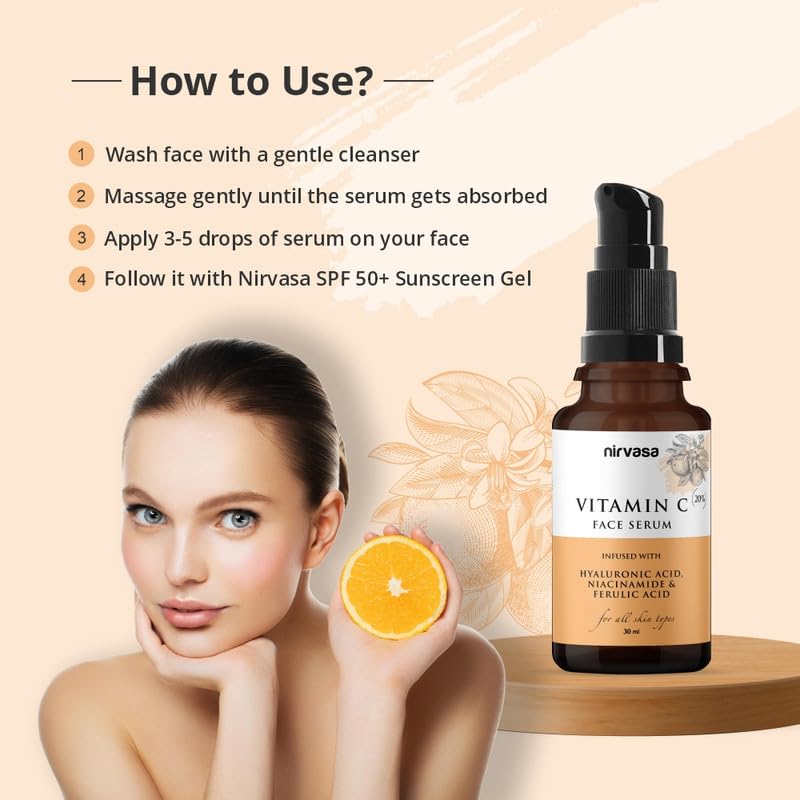 Nirvasa 20% Vitamin C Face Serum (30ml) | With Hyaluronic Acid & Niacinamide | Brightens Skin, Reduces Dark Spots & Pigmentation | UV Protection, Lightweight & Non-Irritating Formula