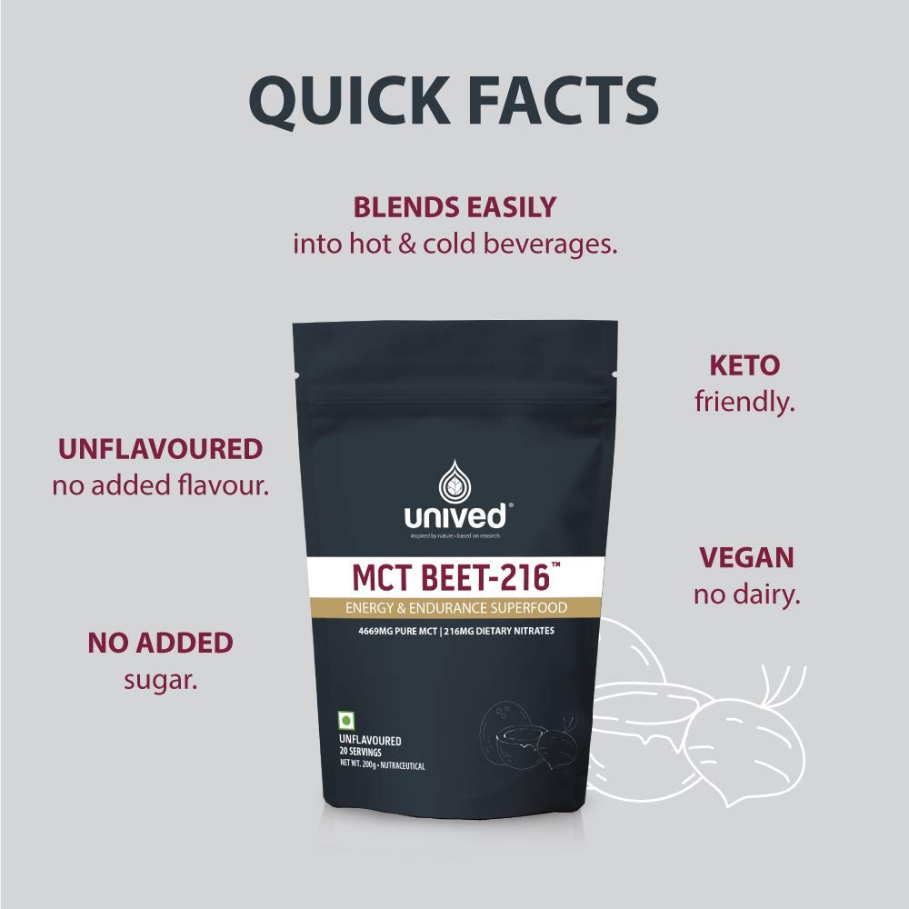Zephivo Unived MCT Beet-216 | Energy & Endurance Superfood | Pure MCT 4.6g 70/30 C8:C10 & 216mg Dietary Nitrates | Vegan & Keto Friendly | 200g