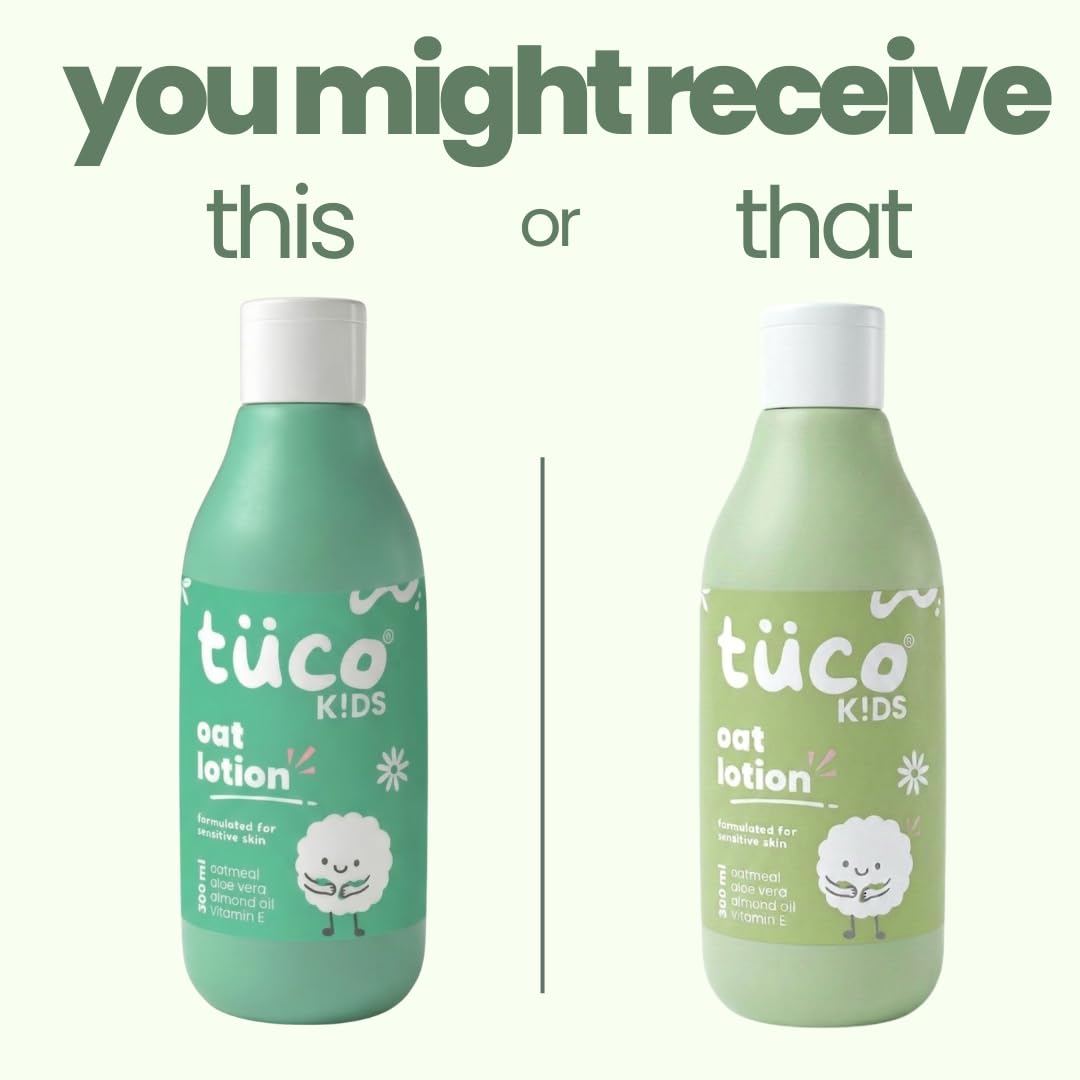 Two bottles of tüco Kids oat lotion on a white background with text 'you might receive this or that'.