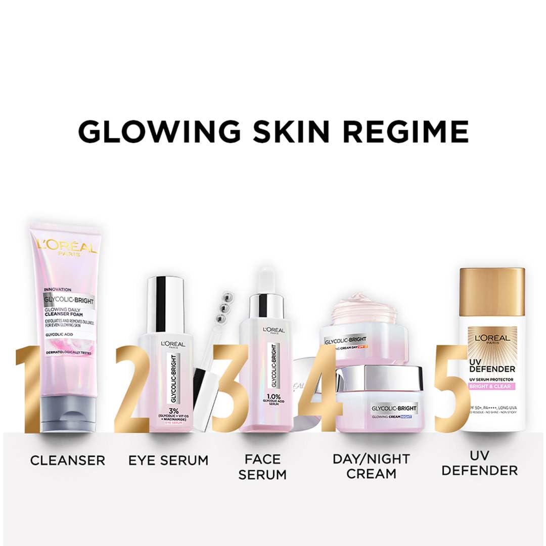 L'Oreal Paris Glycolic Bright Glowing Night Cream, Overnight Brightening Cream, Glycolic Acid in Gel-Like Cream Texture, that Visbily Minimizes Spots & Reveals Glowing skin, 15ml