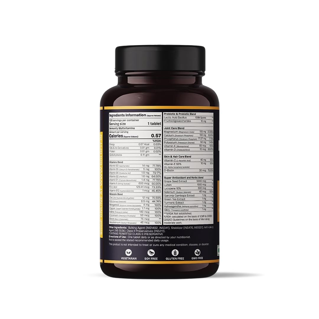 Boldfit Best Multivitamin Tablet For Men, Multi vitamin Tablet For Men with Probiotics, Vitamin C, E, B12, B6, Zinc & Grape Extract For Immunity & Energy Multivitamin Supplement- 120 Veg Tablets