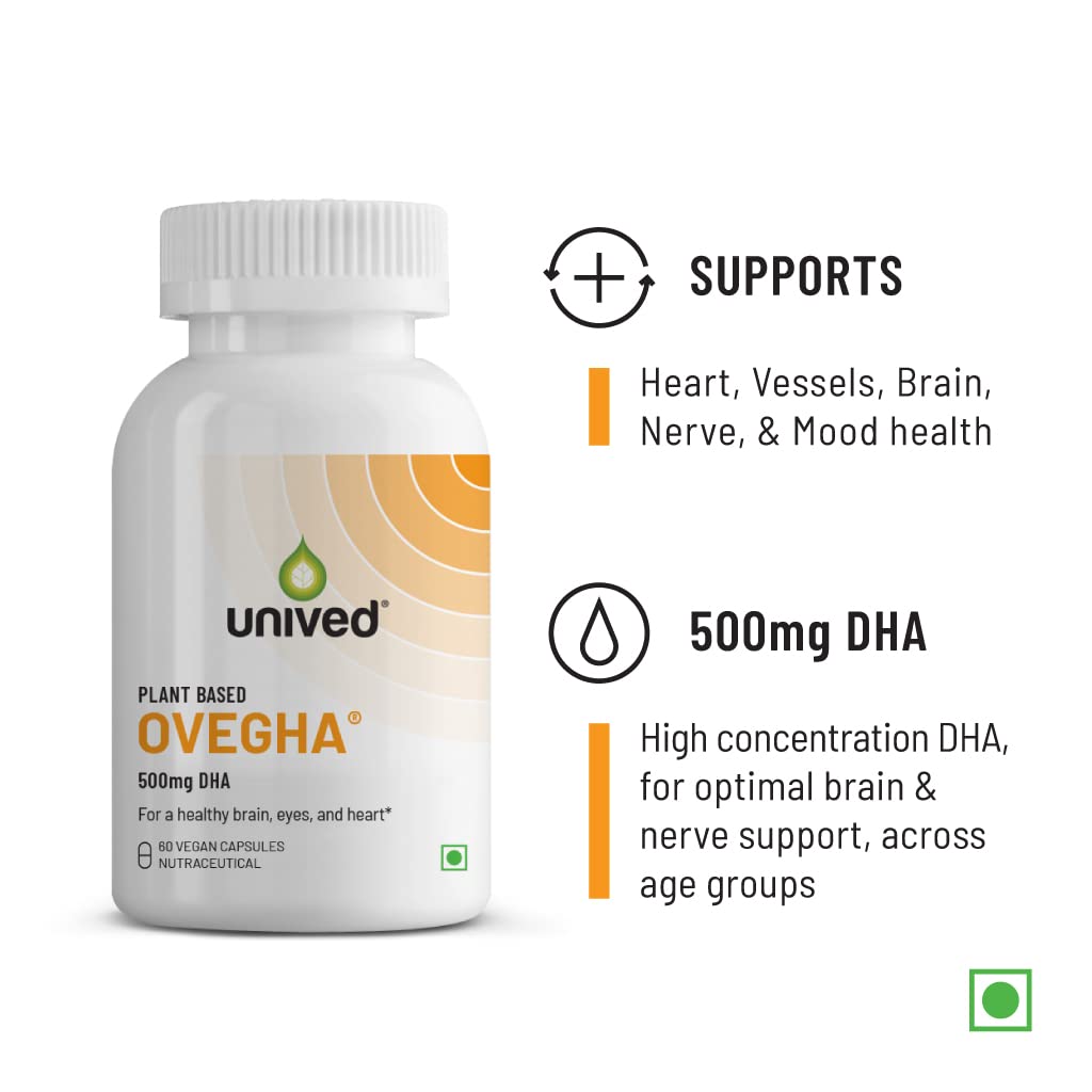 Zephivo Unived Ovegha Vegan Omega-3 DHA | 1000mg Algae Oil 500mg DHA Per Serving (highest DHA/serving) | for Heart, Hair, Skin, Joint, Brain & Eye Health | 60 Vegan Capsules