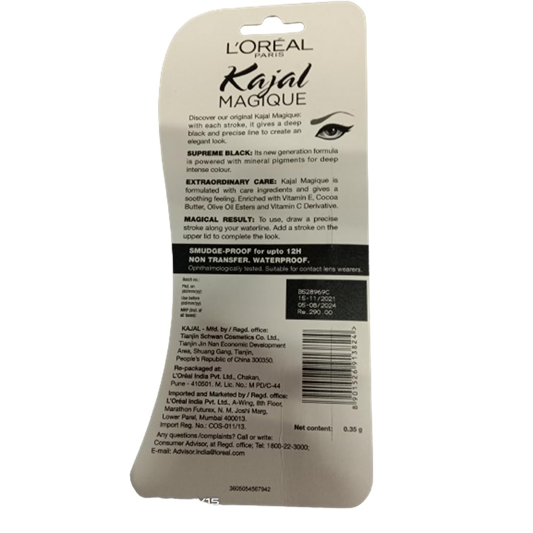 L'Oréal Paris Kajal, Waterproof Eyeliner, 14 Hours of Smudge-Proof Wear, With Vitamin E, Cocoa Butter, Olive Oil Esters and Vitamin C, Magique, Colour: Supreme Black. 0.35g