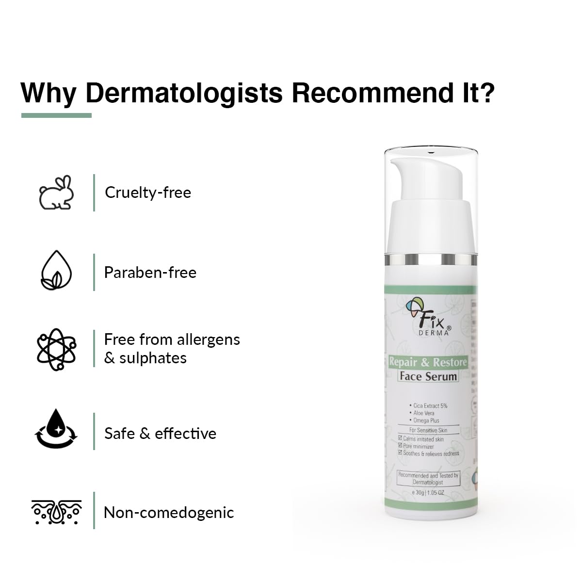 Fixderma 5% Cica Extract Repair & Restore Face Serum for Sensitive Skin | Aloevera Face Serum | Cica Glow Face Serum with Omega Plus | Face Serum for Men & Women - 30gm