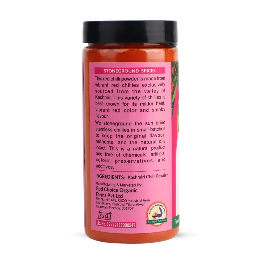 GOD CHOICE ORGANIC FARMS Kashmiri Chilli Powder 200G||Sourced from the valley of Kashmir|Stoneground|100% Pure With Natural Oils Intact|No Artificial Colours or Additives|Organic Spicy Masala