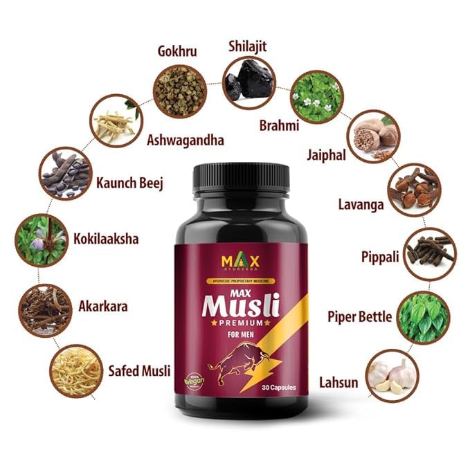 Max Ayurveda Musli Premium Capsules & King Power Ayurvedic Herbal Massage Oil For Men - Combo Pack (30 Capsules + 1 Oil Bottle)