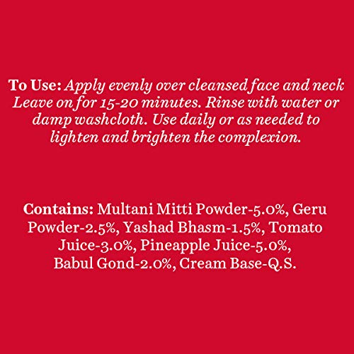 Red background with white text containing usage instructions and ingredient list.