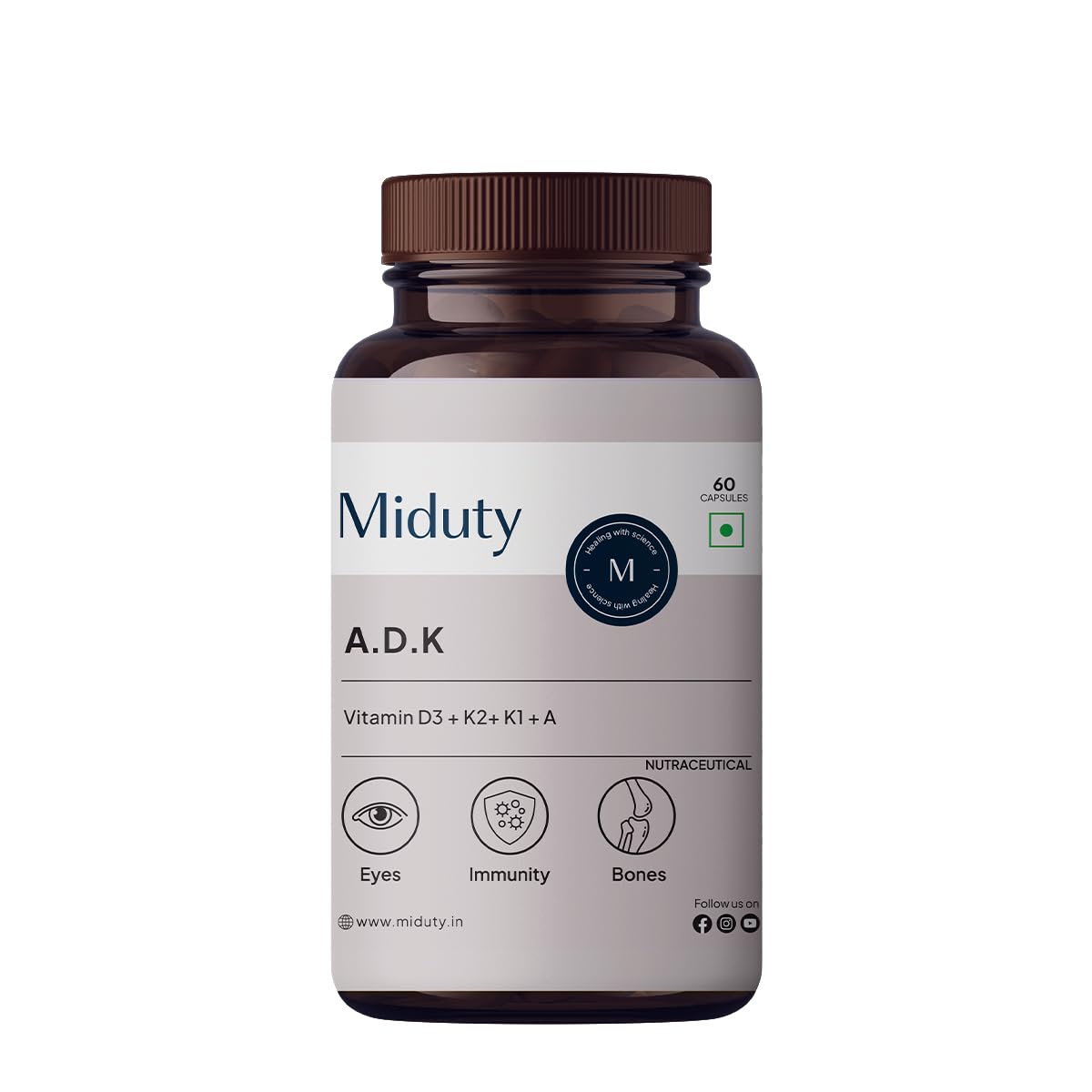 Zephivo Miduty by Palak Notes Vitamin ADK, Vitamin D3 and K2 Supplements, Cholecalciferol Vitamin D3, Boost Immunity, Stronger Bones, Vitamin ADK Supplement, Immunity Booster Capsule - 60 Capsules