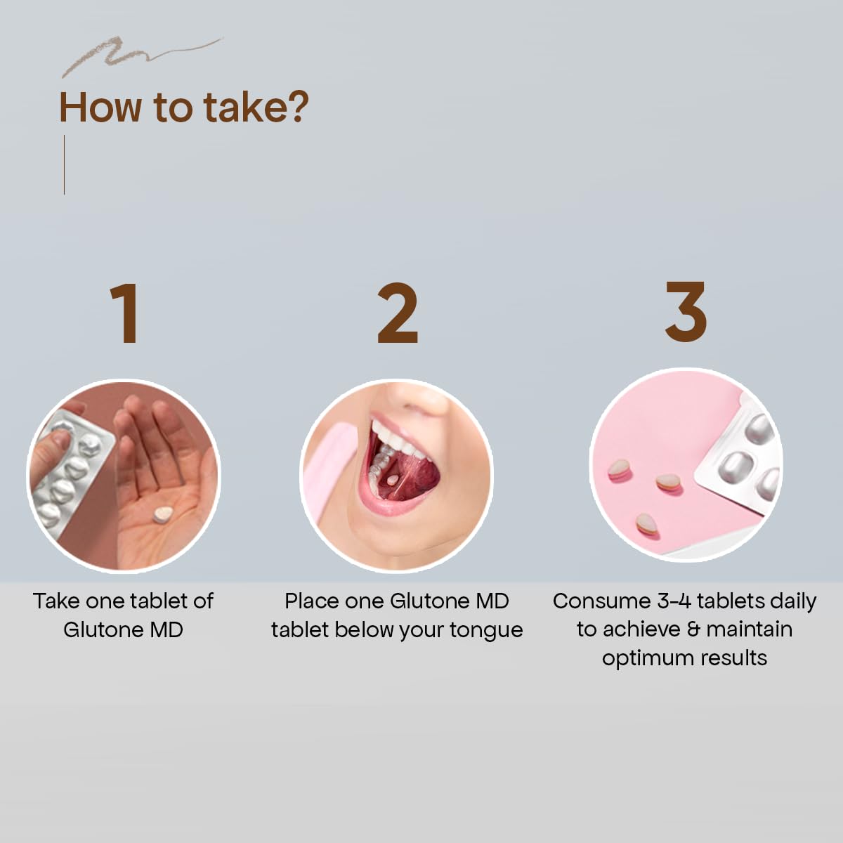 Instructions on how to take Glutone MD tablets with illustrations and text.