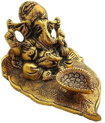 Leaf Ganesh god Idol Decorative murti with Diya Decorative Showpiece for car and Home Temple