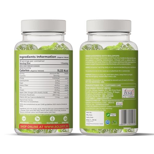 Boldfit Boldpops Apple Cider Vinegar Gummies with Mother and Vitamin B12 for Digestion Immunity Energy Support Green Apple Flavour Gluten Free 30 Gummies