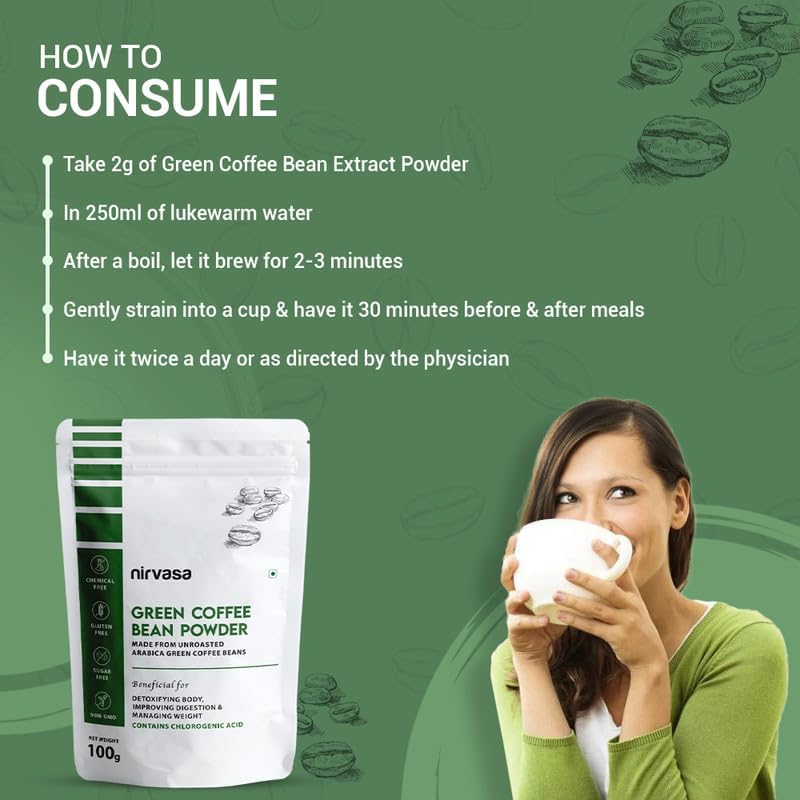 Nirvasa Pure Green Coffee Bean Powder for Weight Loss & Detox | Natural Fat Burner with Chlorogenic Acid | Boosts Metabolism, Energy & Fitness | Unroasted Arabica Extract Powder, 100g