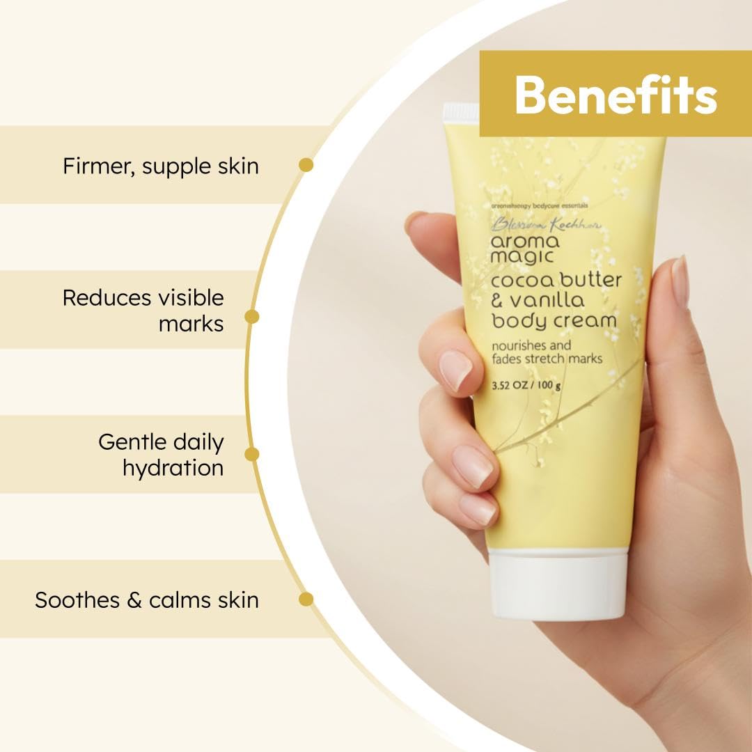Aroma Magic Cocoa Butter & Vanilla Body Cream | Nourishes, Enhances Skin elasticity & prevents stretch marks | Green tea & calendula extract, vitamin E & C| Non-greasy| 100 ml