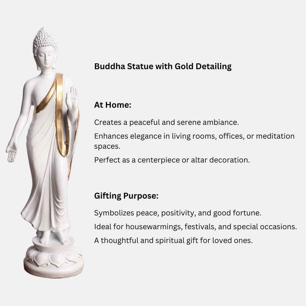 White & Gold Plated Blessing Standing Gautam Buddha Idol Statue | Polyresin Showpiece for Table, Office, Home Decoration Item
