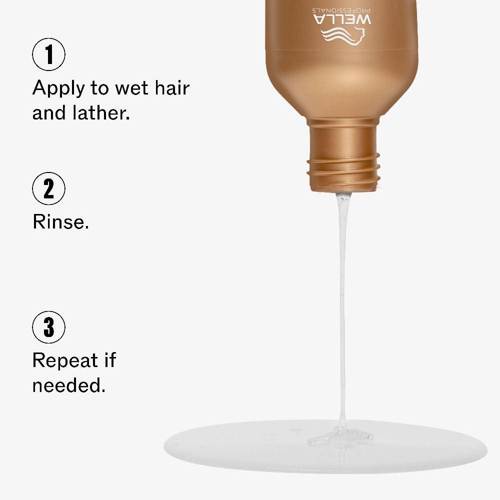 Gold bottle of Wella hair product with white liquid being dispensed on a white background