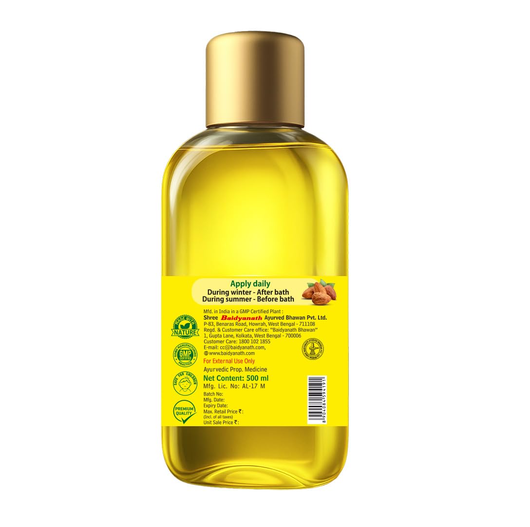 Baidyanath Oli Oil | Herbal Body Oil with Italian Olive Oil, Almond Oil, Neem, Sandalwood & Sesame Oils, Haldi & 5 Herbs | With Vit E & Antioxidants | Nourishes Dry Skin, Non-Sticky & Fast Absorbing | 500ml