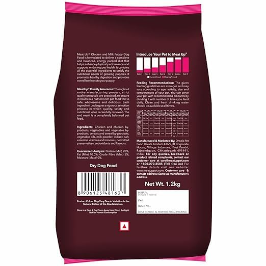 Meat Up Puppy Dry Dog Food 1.2kg Pack| Chicken & Milk Flavour | Supports Growth | Highly Palatable & Easily Digestible