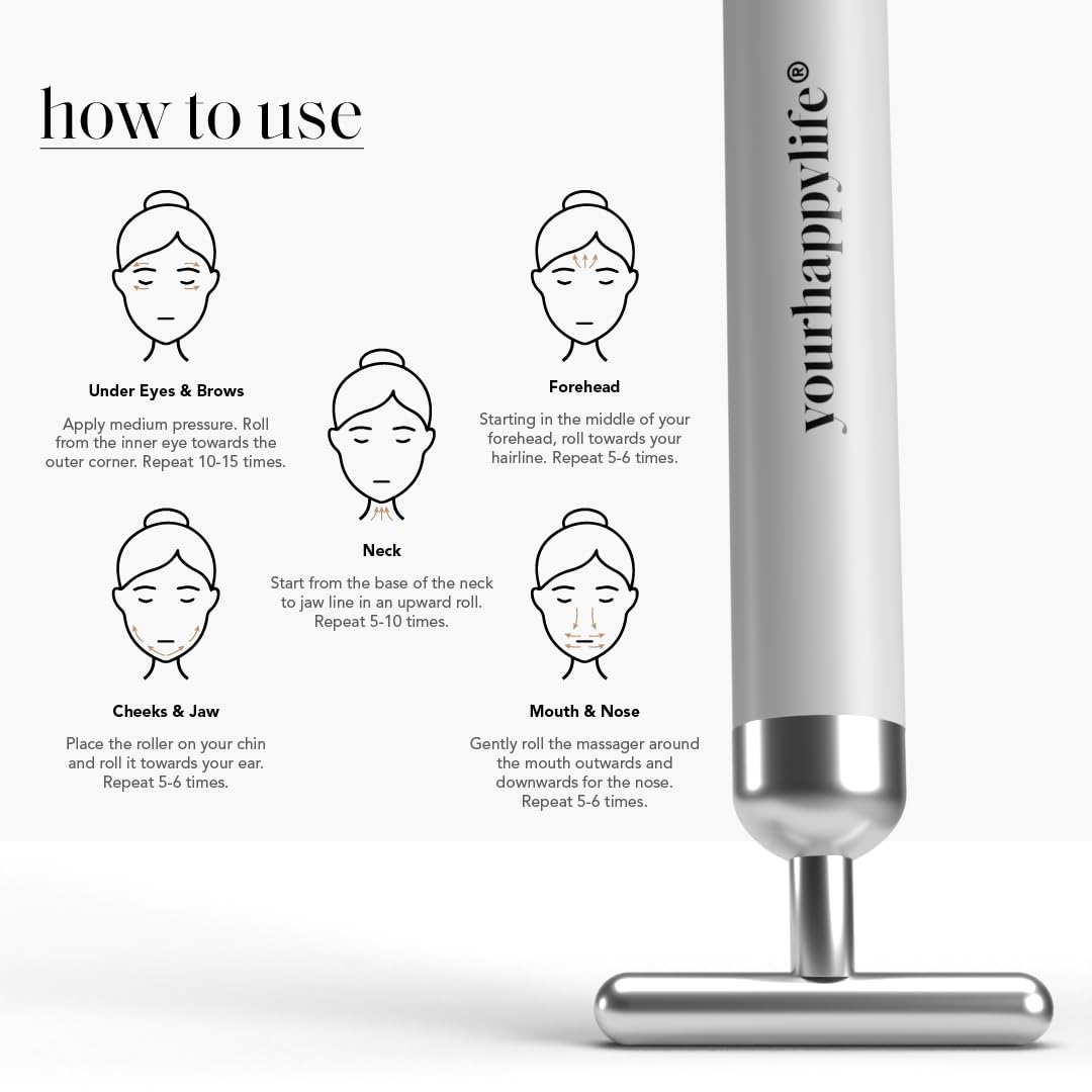 YourHappyLife Sculpt Face Roller T-Shaped electric (Battery Operated) Dermateq Silver Coated | Anti Wrinkle Massager for Forehead, Eye, Neck & Collar Bone (Silver Colour) | Skin Elasticity, De-Puff.