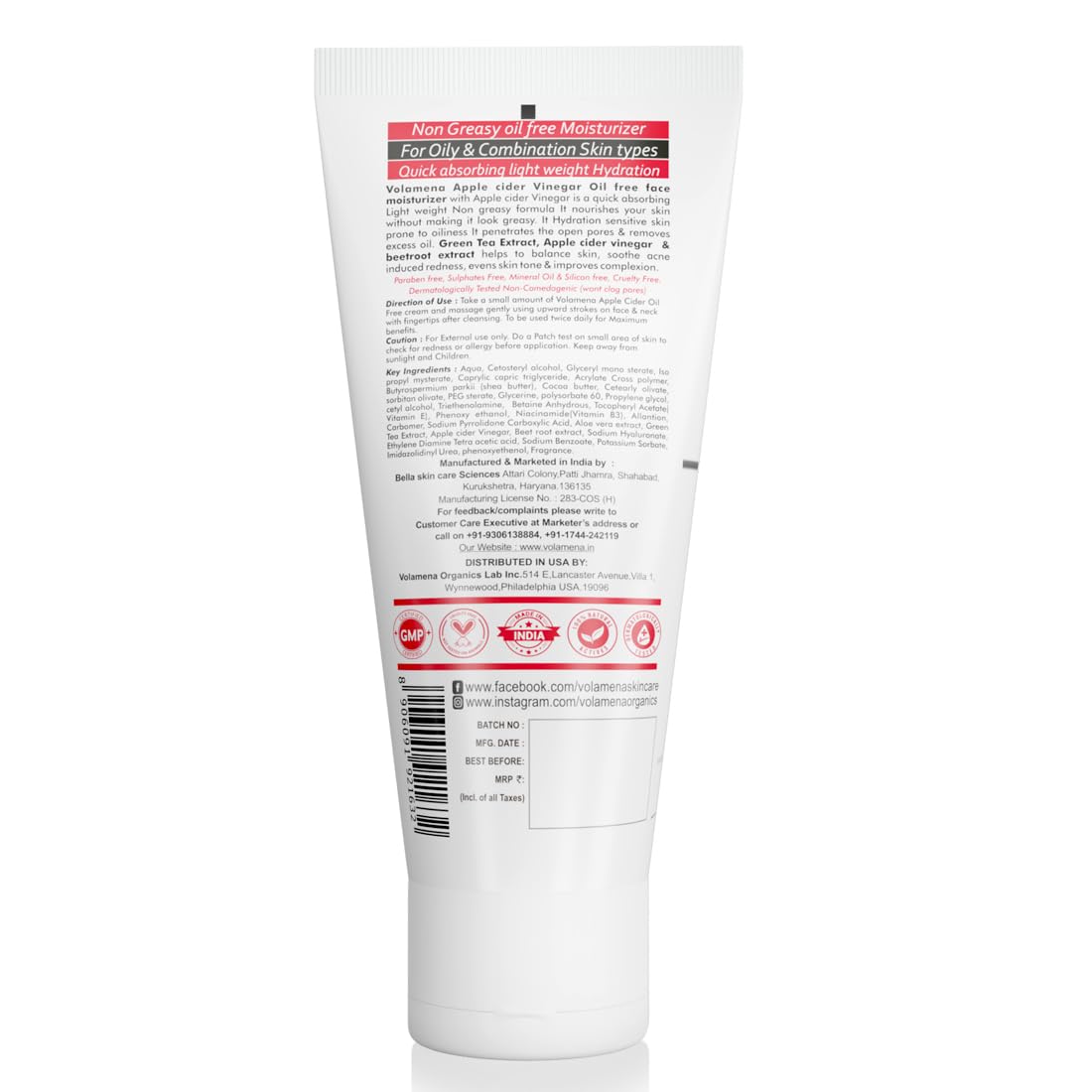 Volamena Apple Cider Vinegar Face Cream Light Weight Oil Free Mosturizer Cream For Face | Acne Prone Skin 100 ml