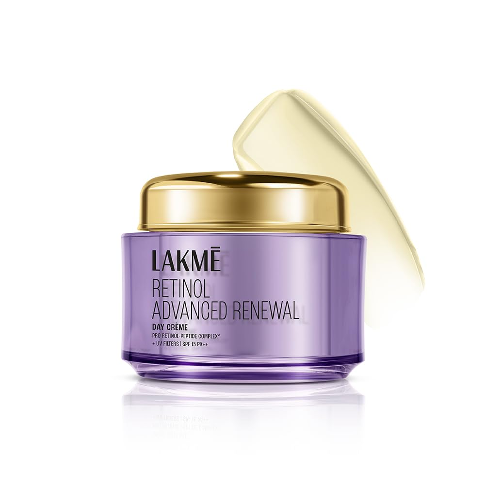 Lakme Retinol Advanced Renewal Day Crème jar with gold lid on a white background