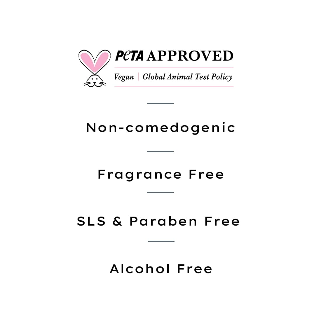 Product label with PETA approval and skincare benefits on a white background