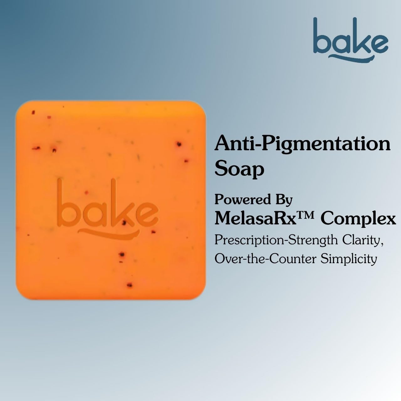 Orange soap bar with 'bake' branding on a light blue background