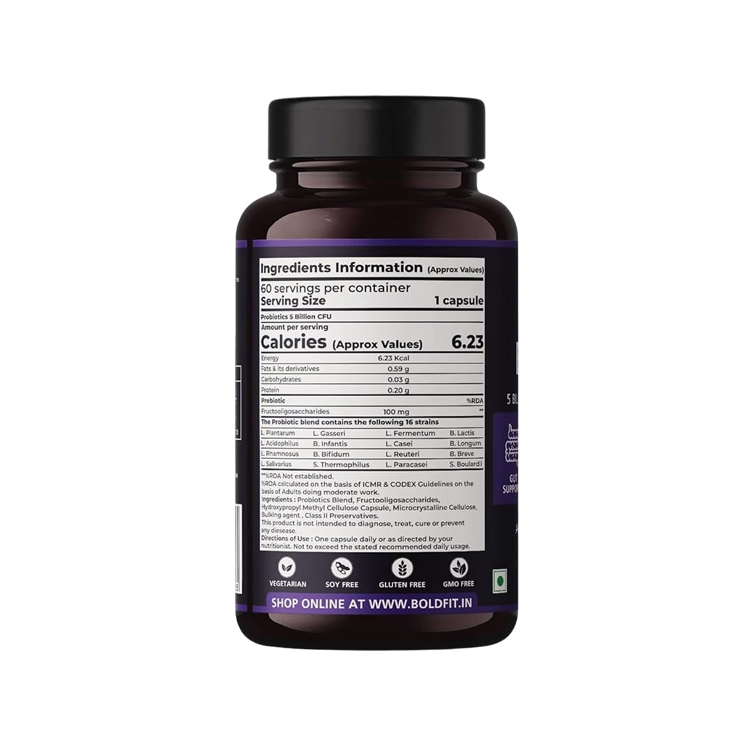 Boldfit Probiotics 5 Billion CFU with 16 Strains and Prebiotics for Gut Cleanse Detox Digestive Health Bloating Relief Constipation Probiotic Supplement for Men and Women Supports Immunity Booster - 60 Veg Capsules