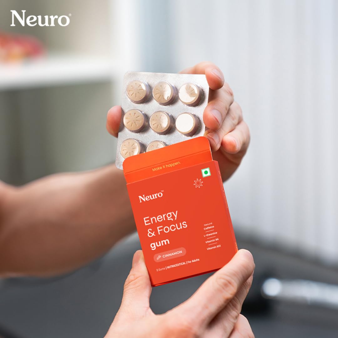 NeuroGum Energy Caffeine Gum - Sugar Free with L-theanine + Natural Caffeine + Vitamin B12 & B6 - Energy & Focus Supplement for Women & Men, Cinnamon Flavor | Pack of 1 (9 Gums)