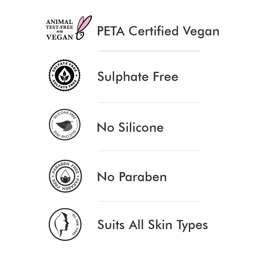 List of product features including PETA certification, sulfate-free, no silicone, no paraben, and suitability for all skin types on a white background.