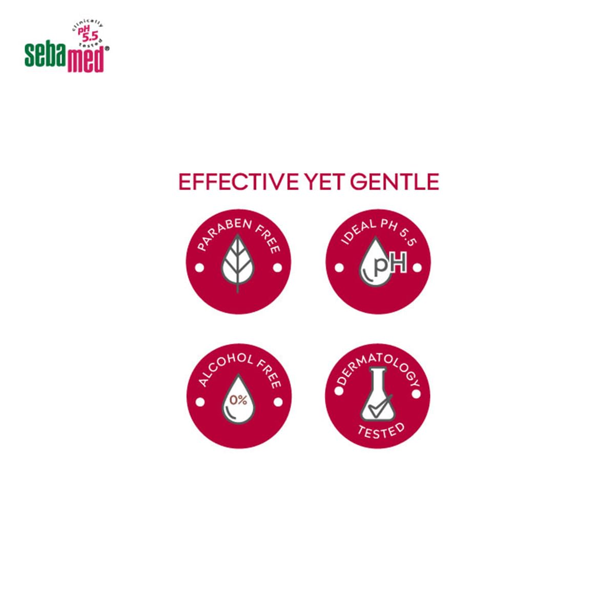 Sebamed product features on a white background