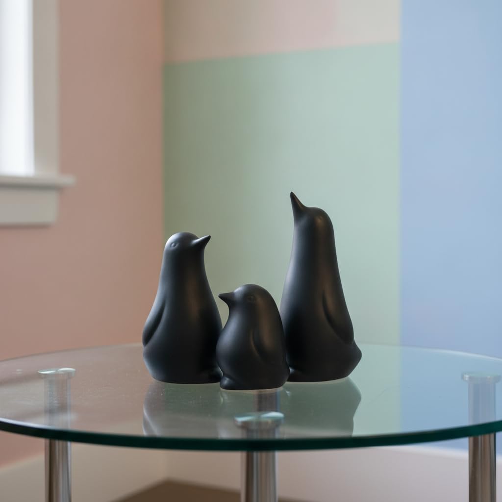 Ceramic Penguin Family Figurine - Set of 3 | Black Penguin Figurines for Home Decor | Modern Nordic Tabletop Accent for Living Room, Bedroom, Office Desk & Shelves | Gift for Housewarming